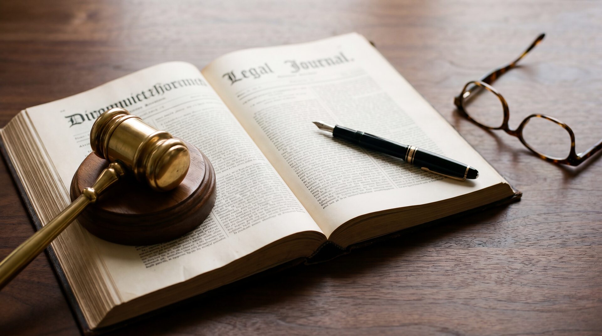 Law book open beside a closed laptop on a dark wood desk, natural window light, a classical column visible in the background