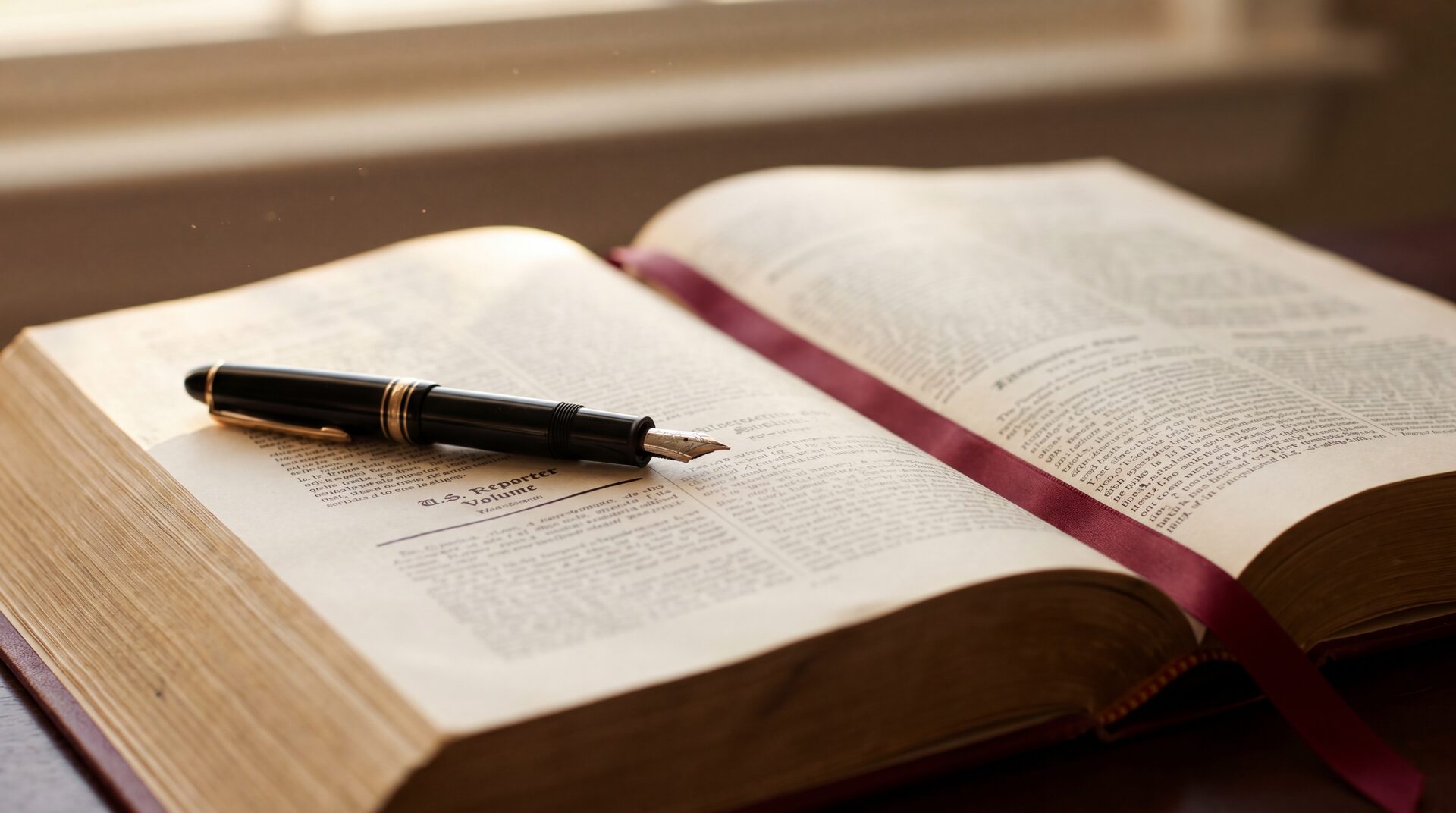 Stack of bound federal reporters on a courtroom bench, a yellow legal pad and pen beside them, single overhead light