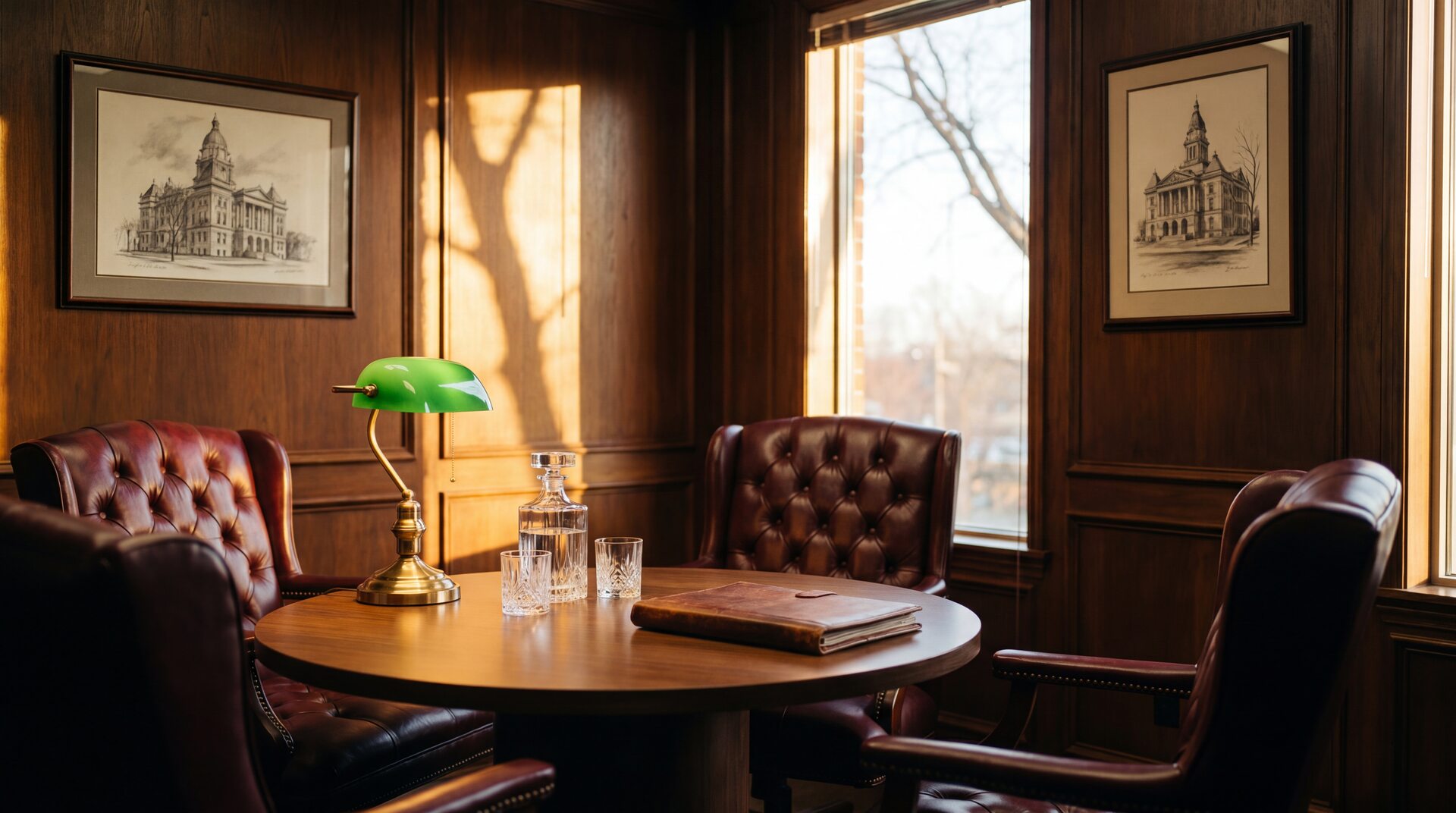 Mid-sized law firm partner reviewing a brief on a laptop at a conference table, warm daylight, urban skyline through the window